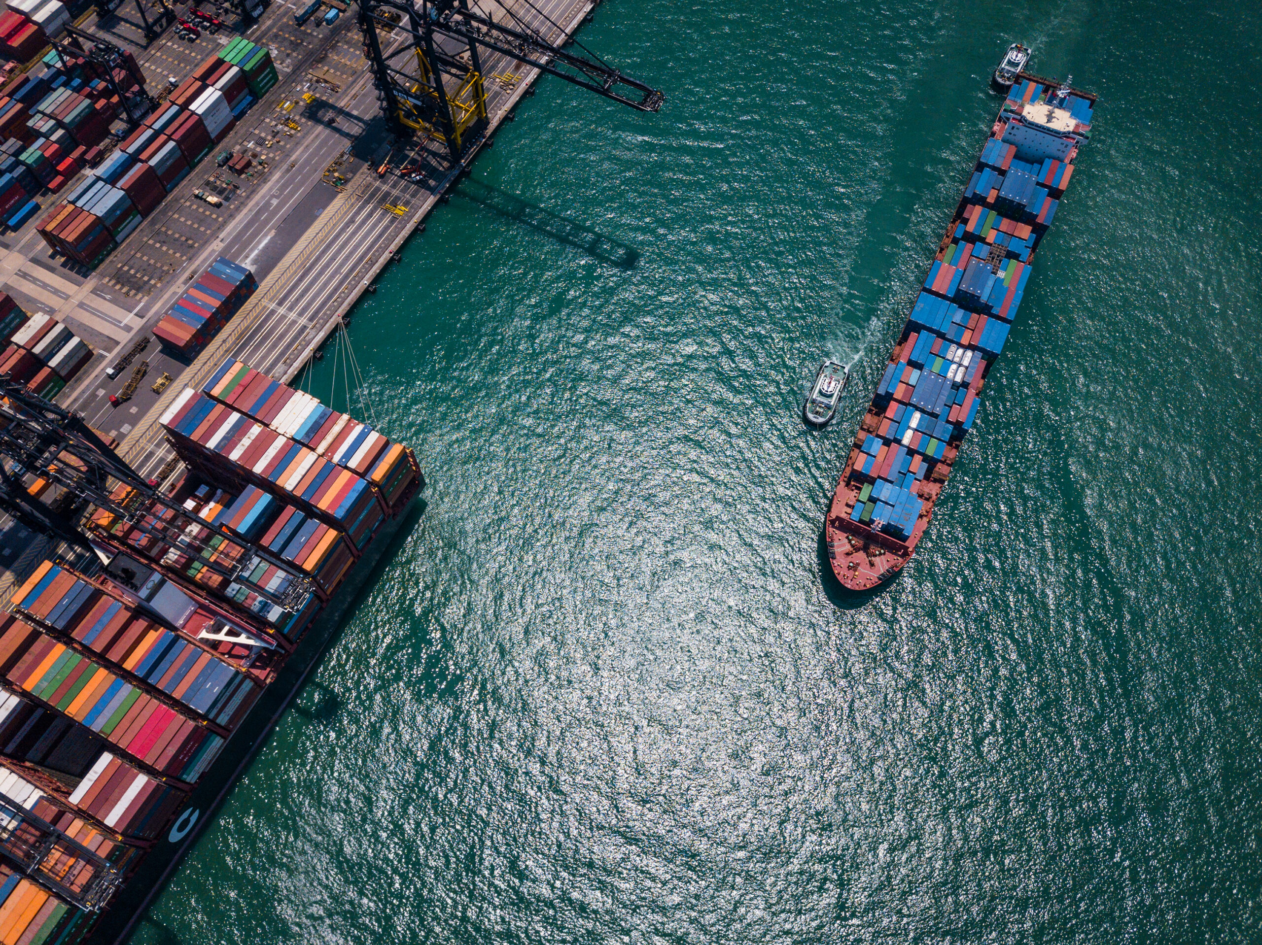 Top view over Kwai Tsing Container Terminals in Hong Kong city